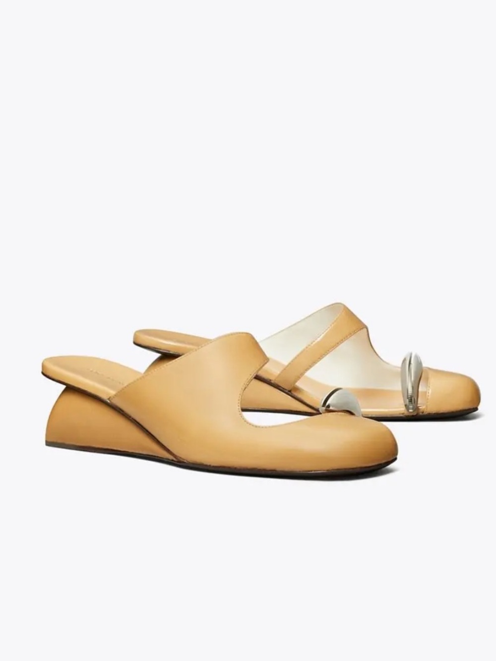 Tory Burch Pierced Wedges Cantucci & Silver Leather Tan Slip-Ons mules shoes 7.5 - Picture 2 of 11